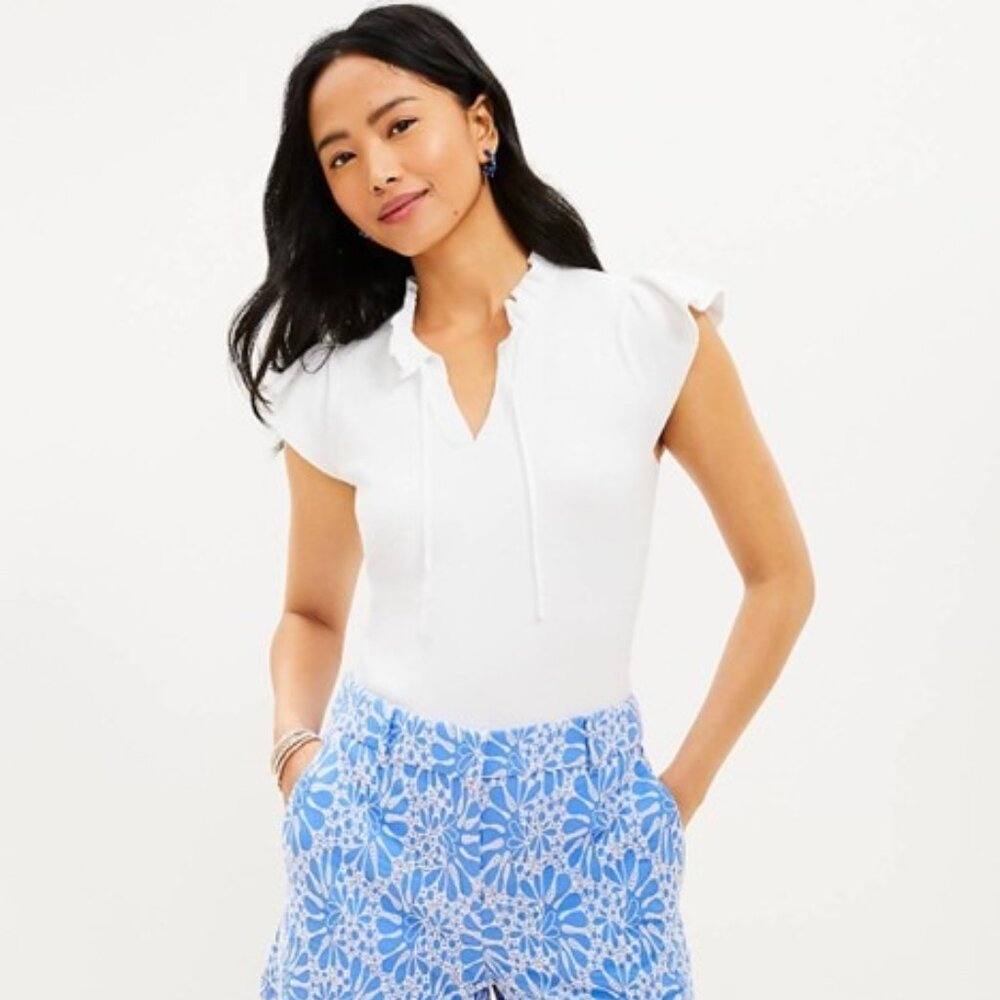 LOFT White Ruffle Tie-Neck Sweater Tee XXSP